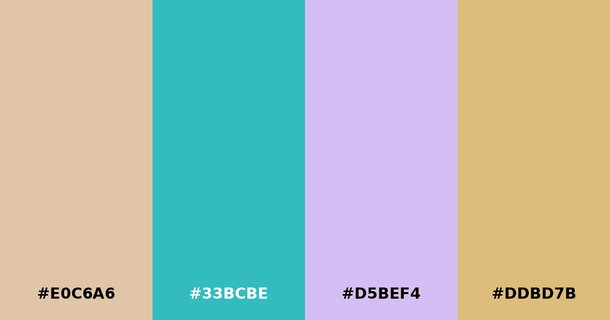 Color palette #E0C6A6 #33BCBE #D5BEF4 #DDBD7B