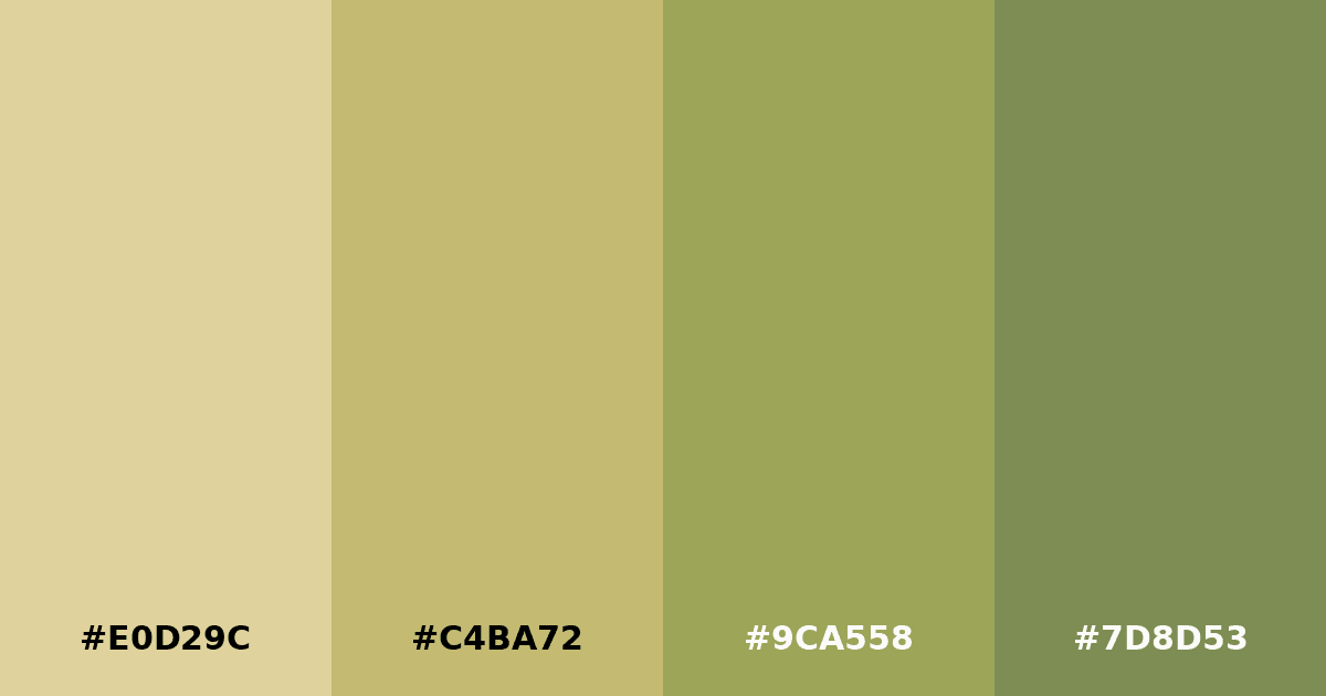 Color palette #E0D29C #C4BA72 #9CA558 #7D8D53