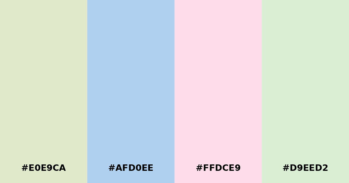 Color palette #E0E9CA #AFD0EE #FFDCE9 #D9EED2