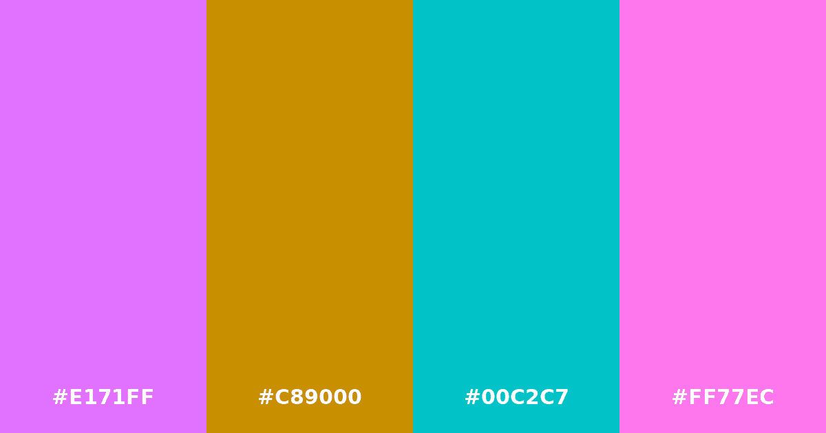 Color palette #E171FF #C89000 #00C2C7 #FF77EC