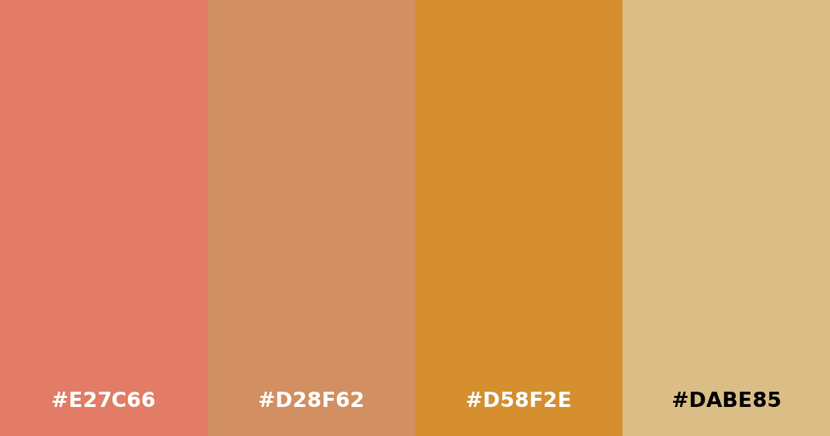 Color palette #E27C66 #D28F62 #D58F2E #DABE85