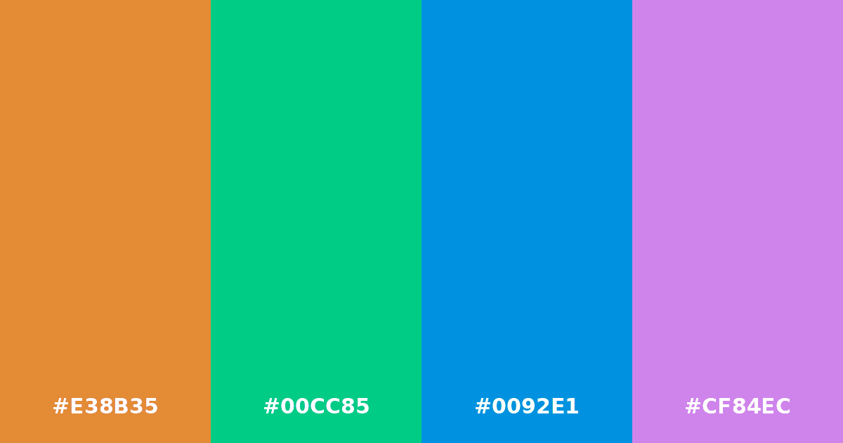 Color palette #E38B35 #00CC85 #0092E1 #CF84EC