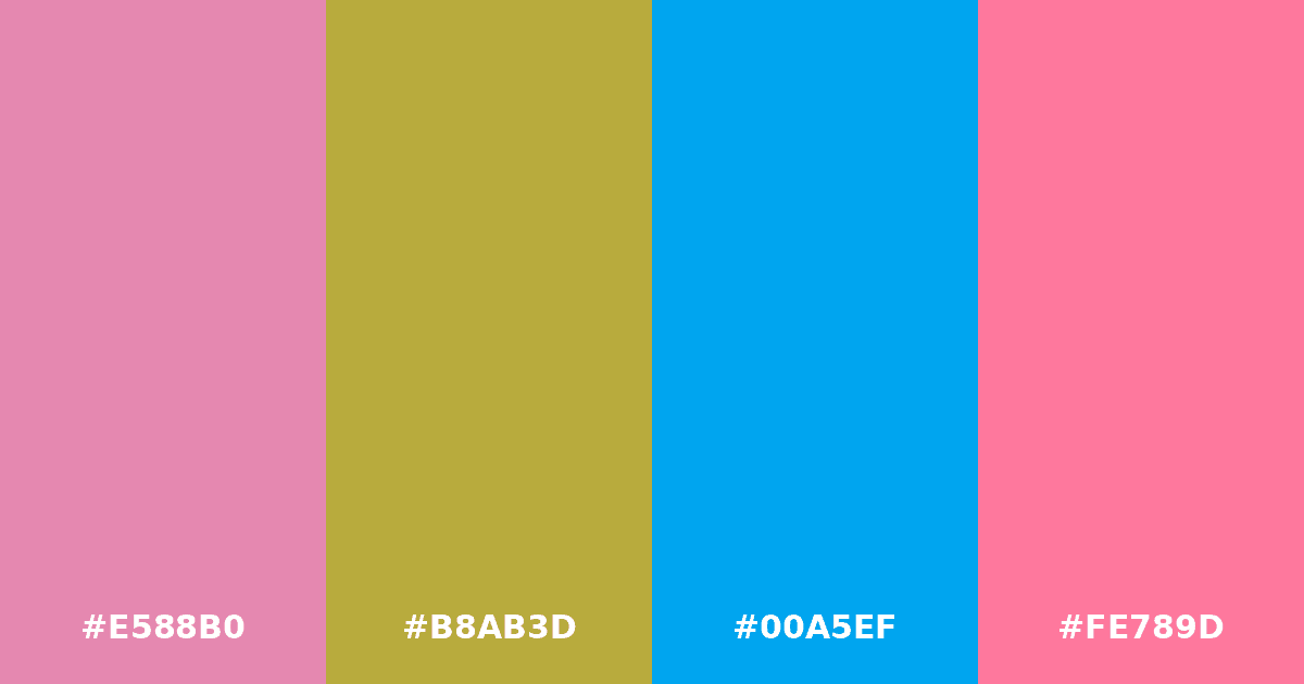 Color palette #E588B0 #B8AB3D #00A5EF #FE789D