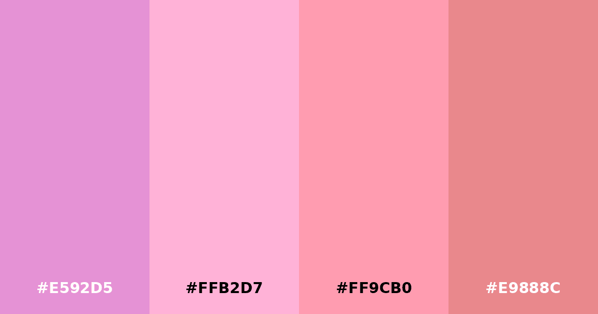 Color palette #E592D5 #FFB2D7 #FF9CB0 #E9888C