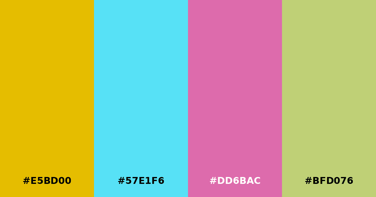 Color palette #E5BD00 #57E1F6 #DD6BAC #BFD076
