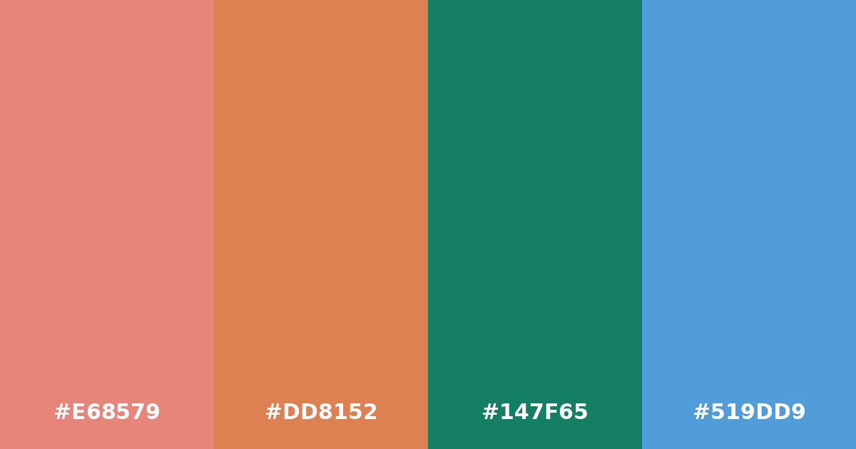 Color palette #E68579 #DD8152 #147F65 #519DD9