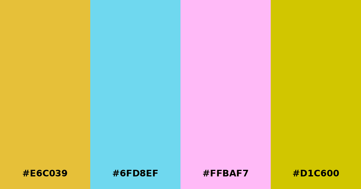 Color palette #E6C039 #6FD8EF #FFBAF7 #D1C600