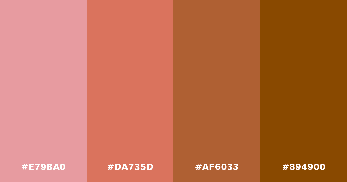 Color palette #E79BA0 #DA735D #AF6033 #894900