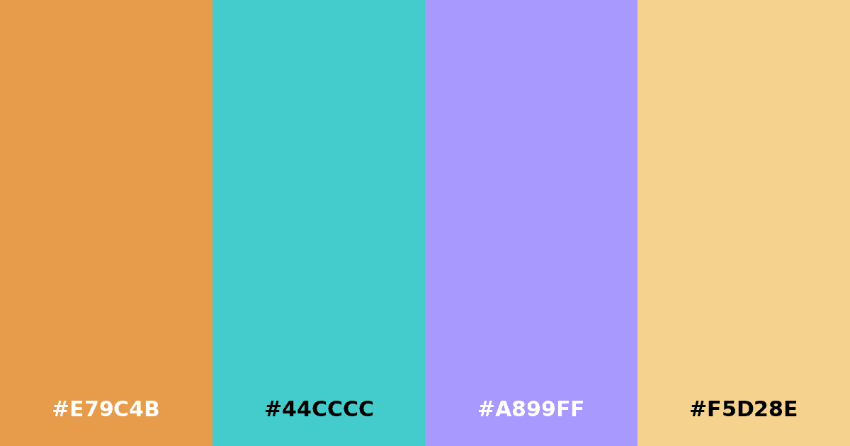 Color palette #E79C4B #44CCCC #A899FF #F5D28E