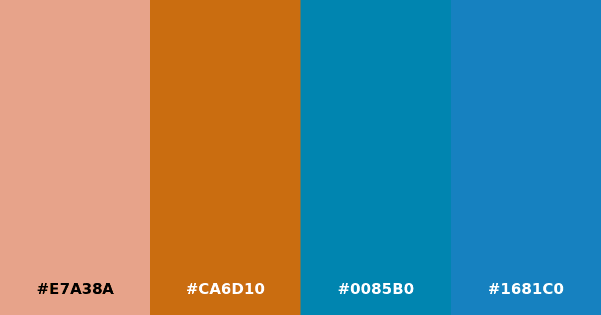 Color palette #E7A38A #CA6D10 #0085B0 #1681C0