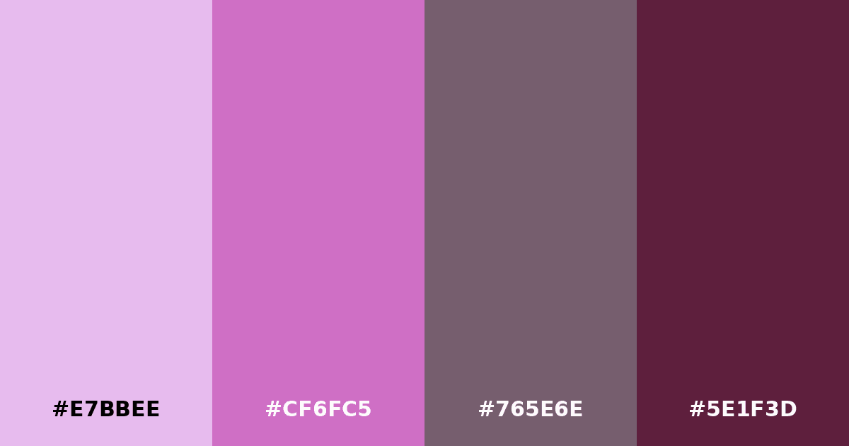 Color palette #E7BBEE #CF6FC5 #765E6E #5E1F3D