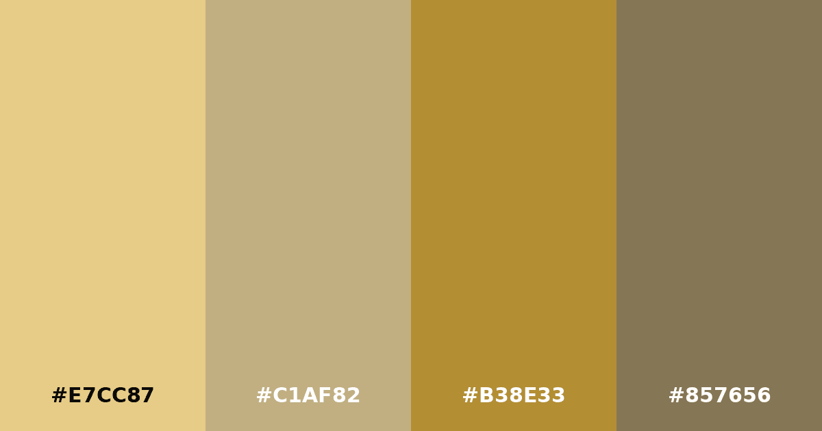 Color palette #E7CC87 #C1AF82 #B38E33 #857656