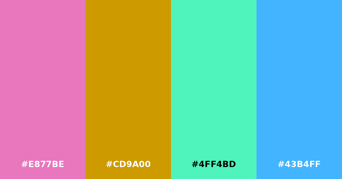 Color palette #E877BE #CD9A00 #4FF4BD #43B4FF