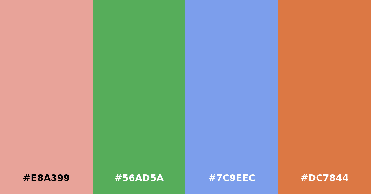 Color palette #E8A399 #56AD5A #7C9EEC #DC7844
