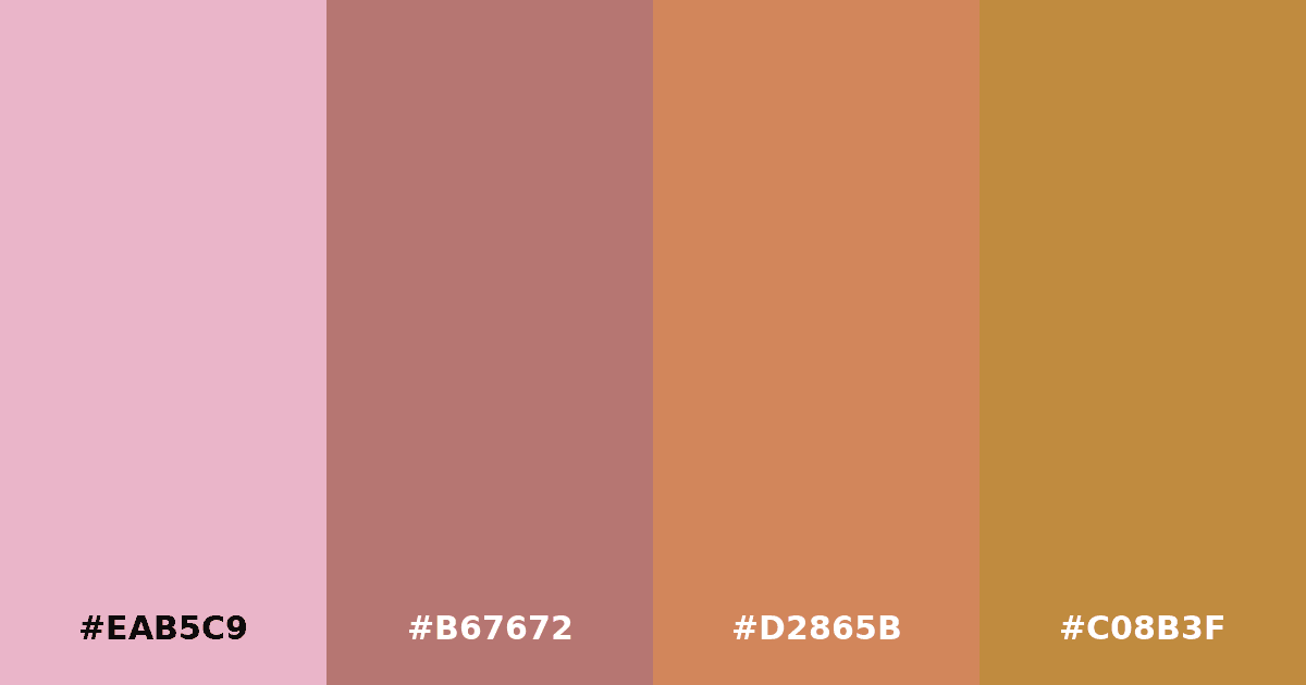 Color palette #EAB5C9 #B67672 #D2865B #C08B3F