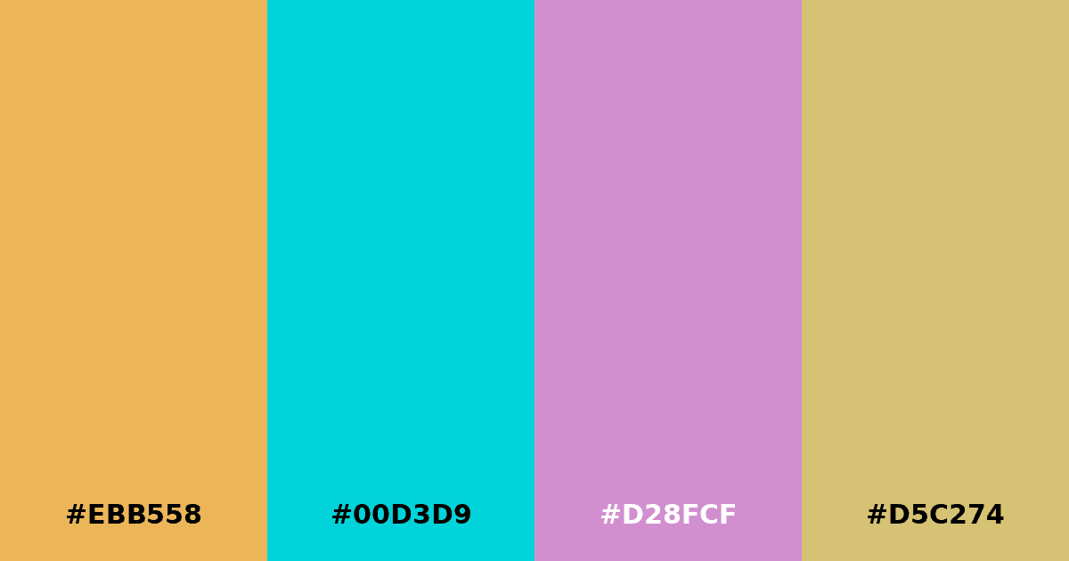 Color palette #EBB558 #00D3D9 #D28FCF #D5C274