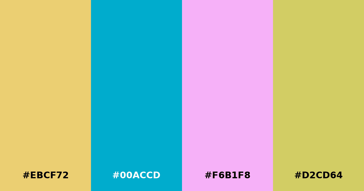 Color palette #EBCF72 #00ACCD #F6B1F8 #D2CD64