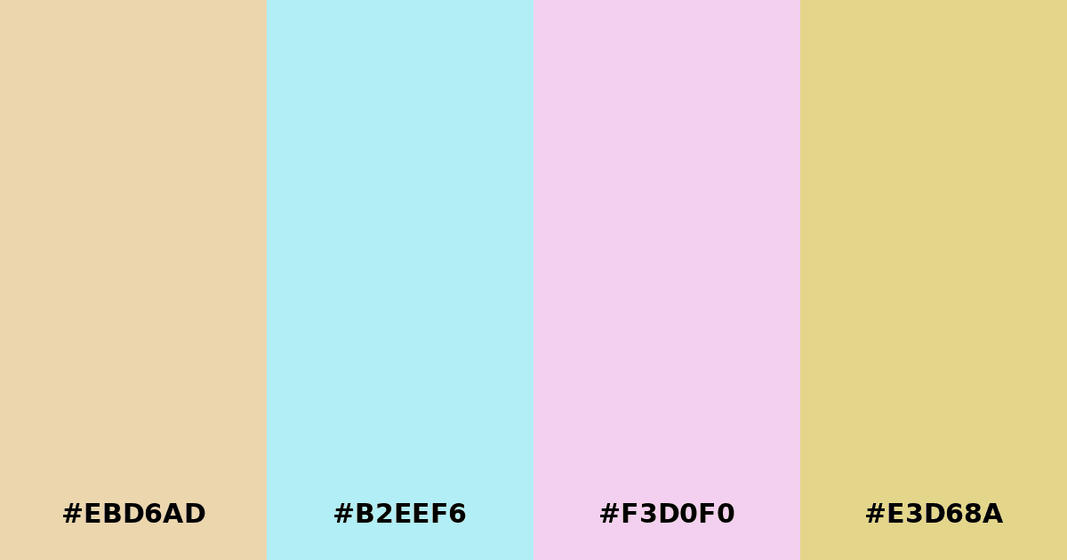 Color palette #EBD6AD #B2EEF6 #F3D0F0 #E3D68A