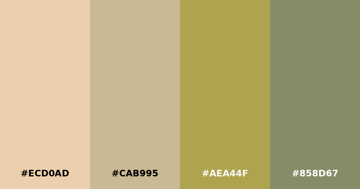 Color palette #ECD0AD #CAB995 #AEA44F #858D67