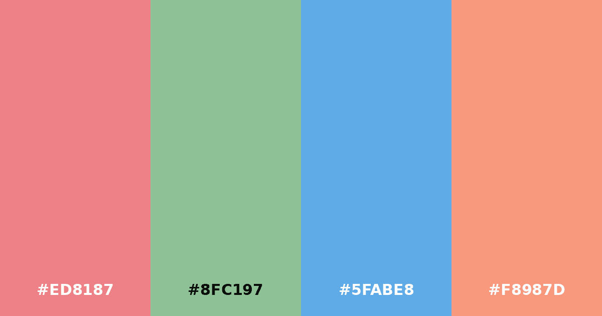Color palette #ED8187 #8FC197 #5FABE8 #F8987D