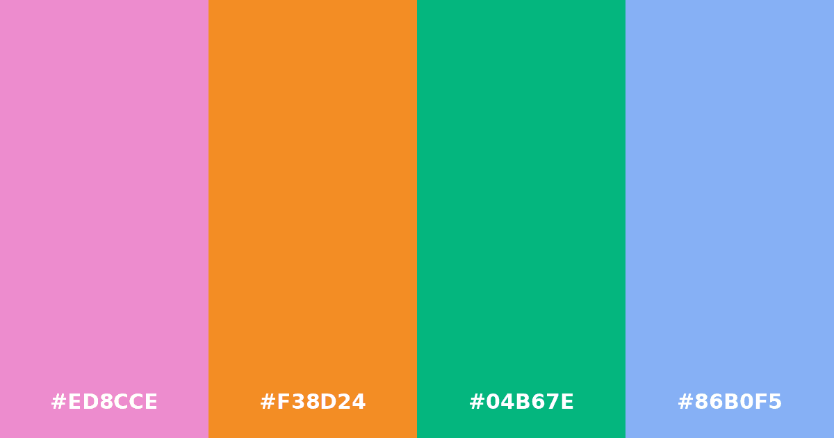 Color palette #ED8CCE #F38D24 #04B67E #86B0F5