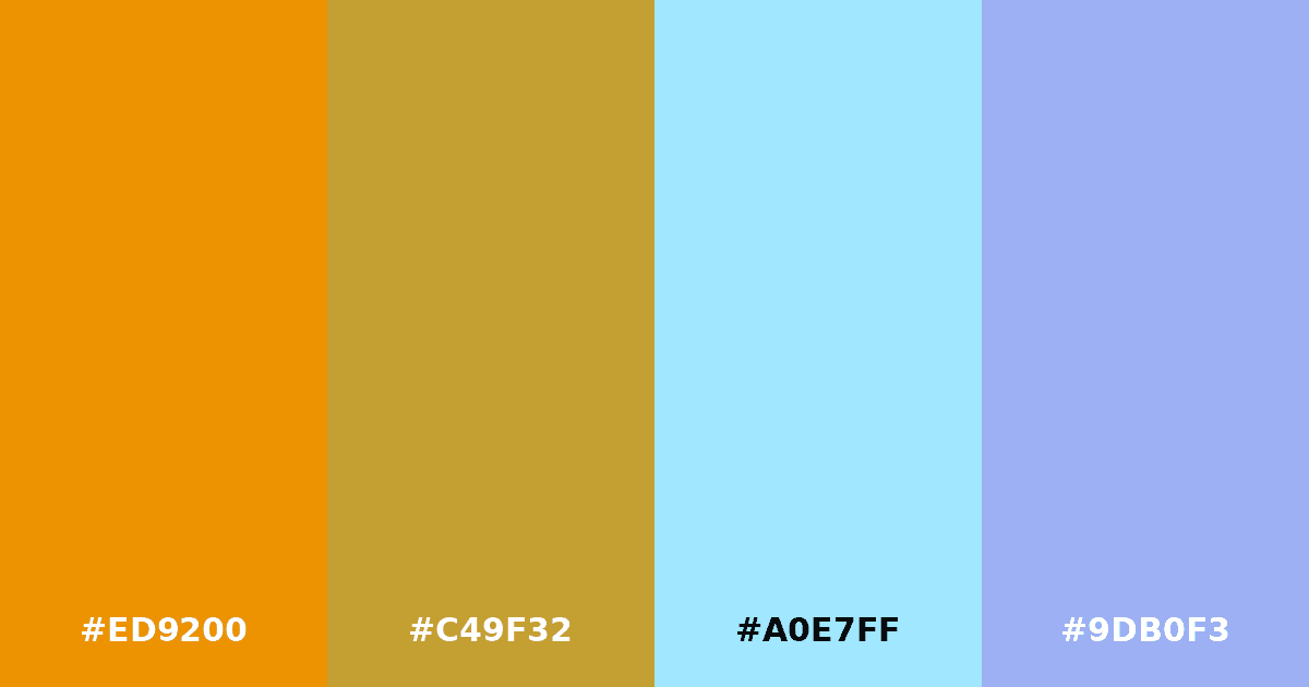 Color palette #ED9200 #C49F32 #A0E7FF #9DB0F3