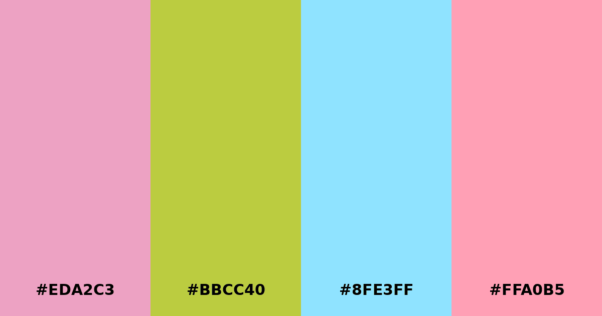 Color palette #EDA2C3 #BBCC40 #8FE3FF #FFA0B5