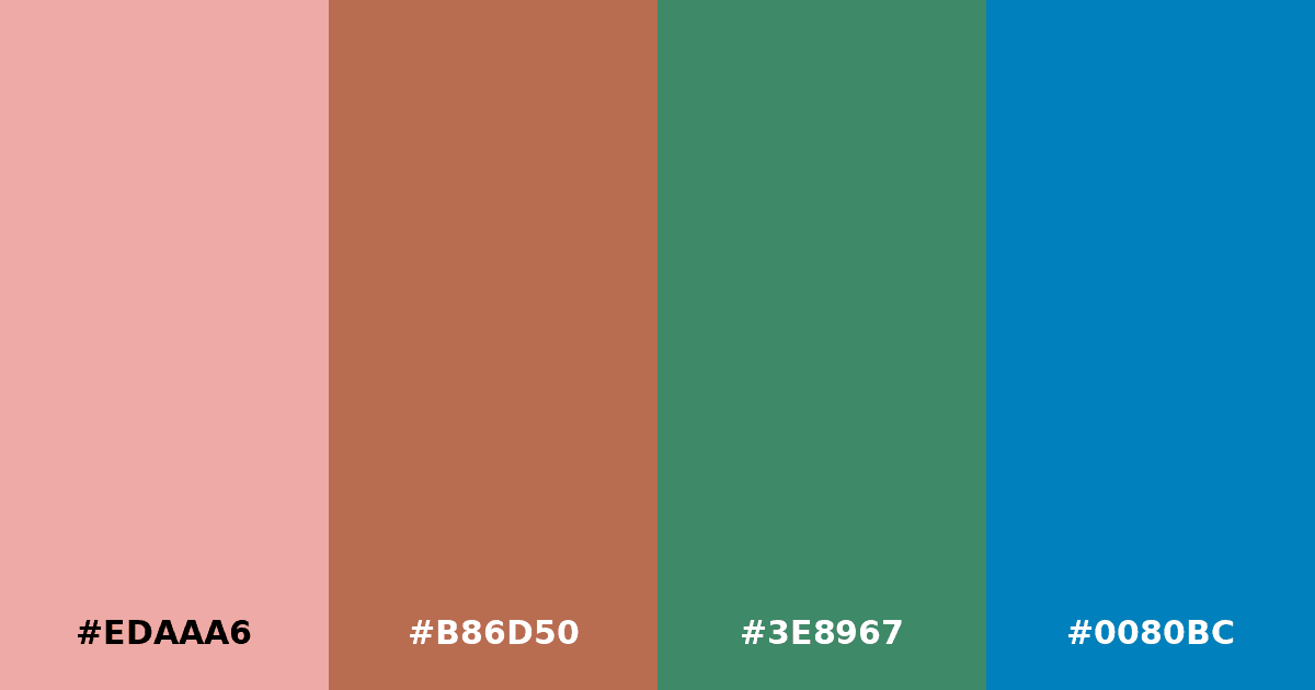 Color palette #EDAAA6 #B86D50 #3E8967 #0080BC