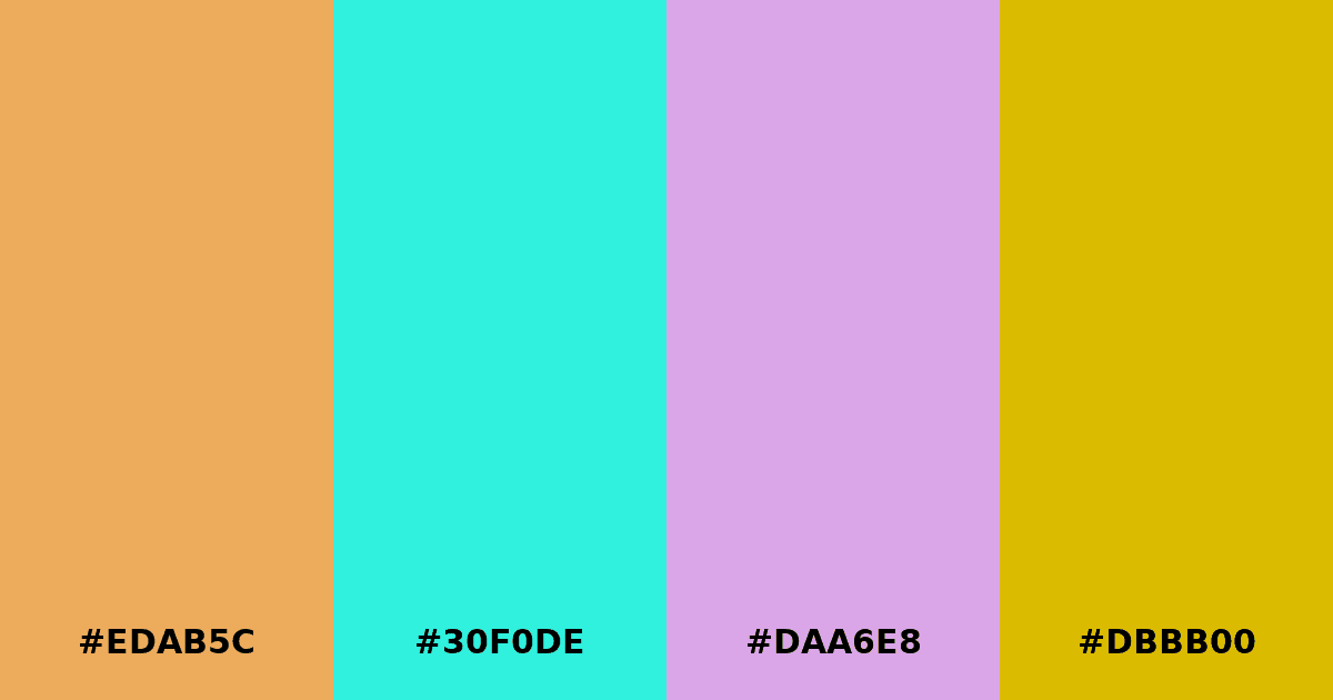 Color palette #EDAB5C #30F0DE #DAA6E8 #DBBB00