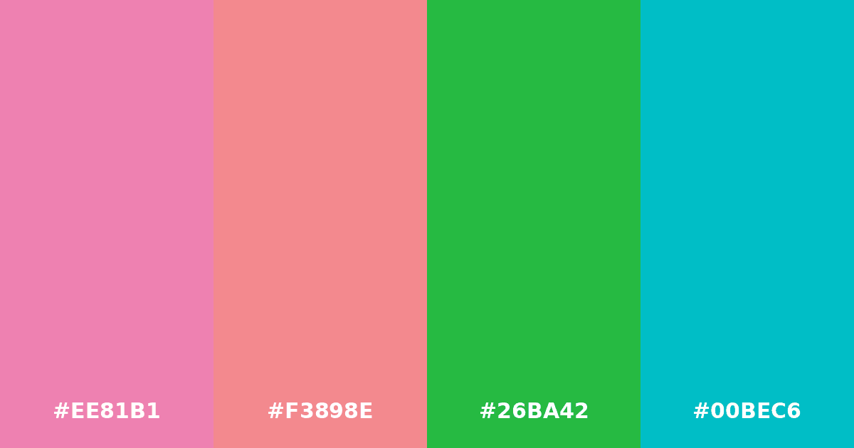 Color palette #EE81B1 #F3898E #26BA42 #00BEC6