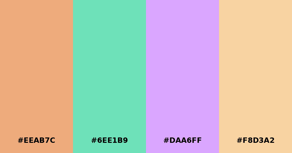 Color palette #EEAB7C #6EE1B9 #DAA6FF #F8D3A2