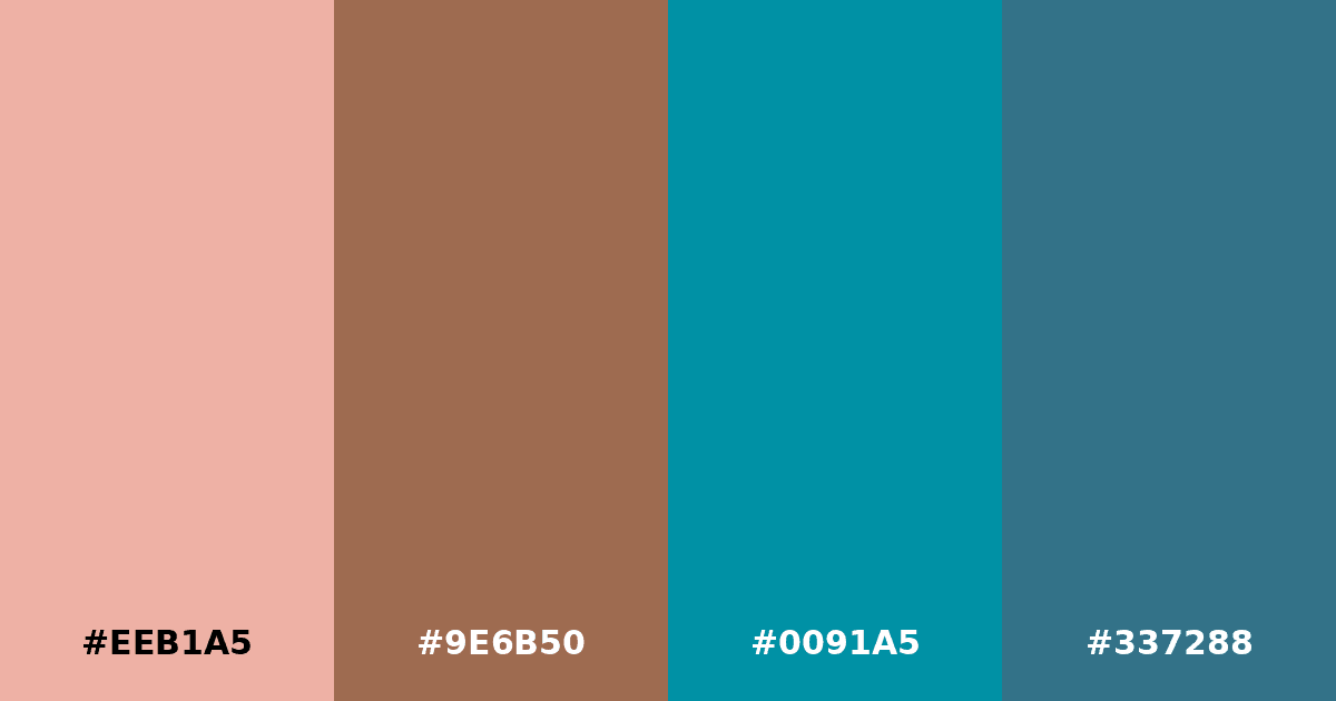 Color palette #EEB1A5 #9E6B50 #0091A5 #337288
