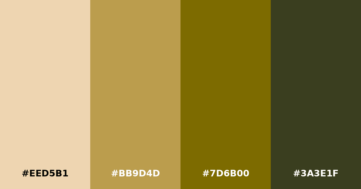 Color palette #EED5B1 #BB9D4D #7D6B00 #3A3E1F
