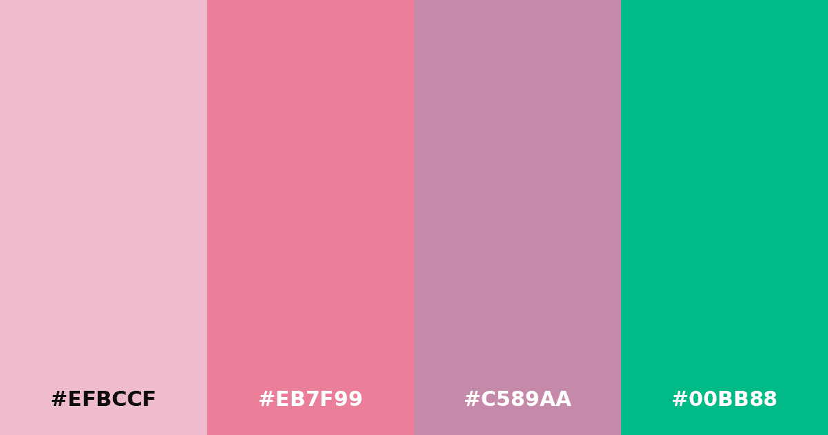 Color palette #EFBCCF #EB7F99 #C589AA #00BB88