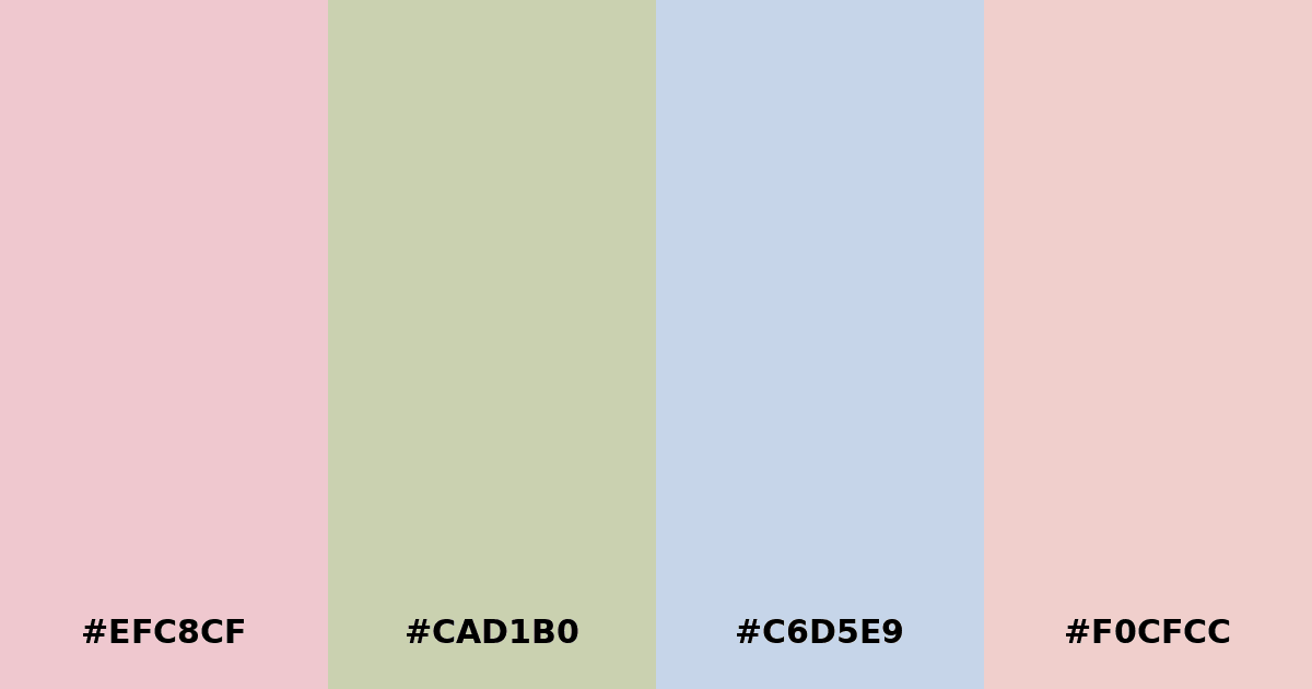 Color palette #EFC8CF #CAD1B0 #C6D5E9 #F0CFCC