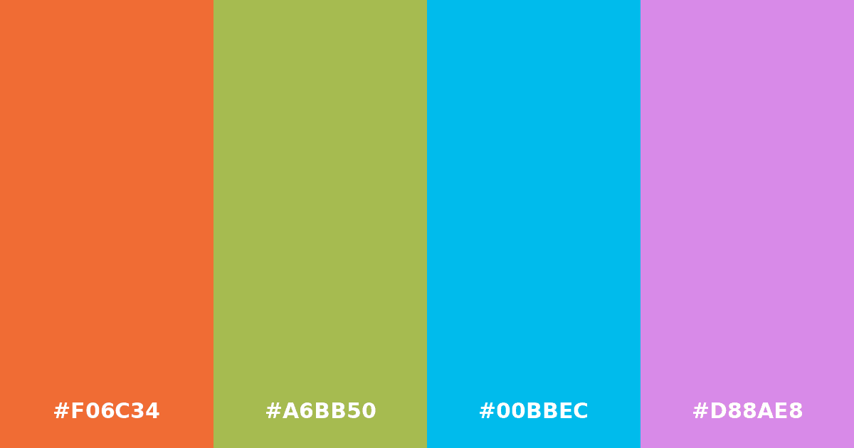 Color palette #F06C34 #A6BB50 #00BBEC #D88AE8