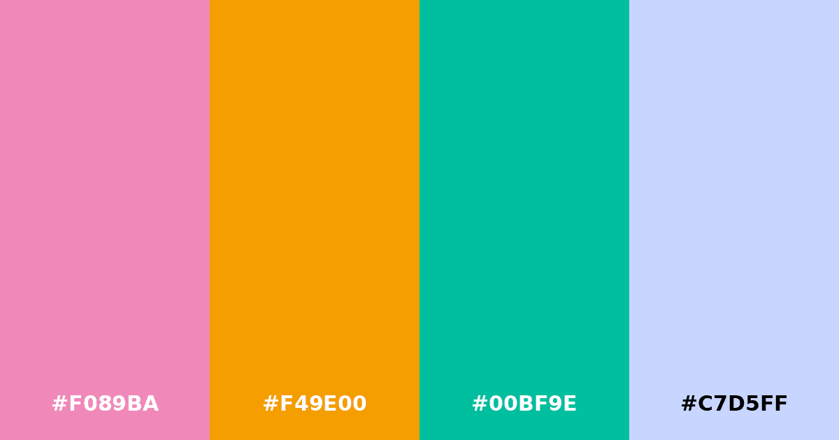 Color palette #F089BA #F49E00 #00BF9E #C7D5FF