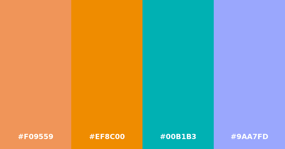 Color palette #F09559 #EF8C00 #00B1B3 #9AA7FD