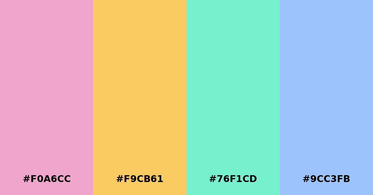 Color palette #F0A6CC #F9CB61 #76F1CD #9CC3FB