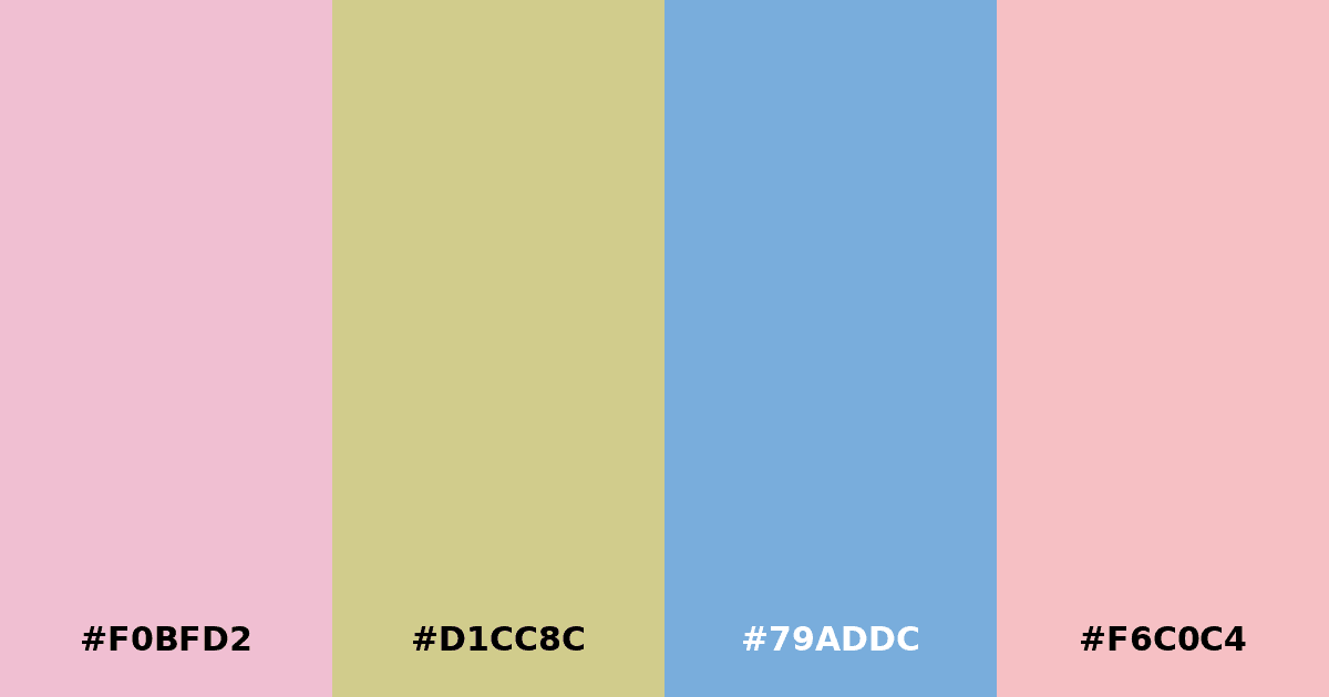Color palette #F0BFD2 #D1CC8C #79ADDC #F6C0C4