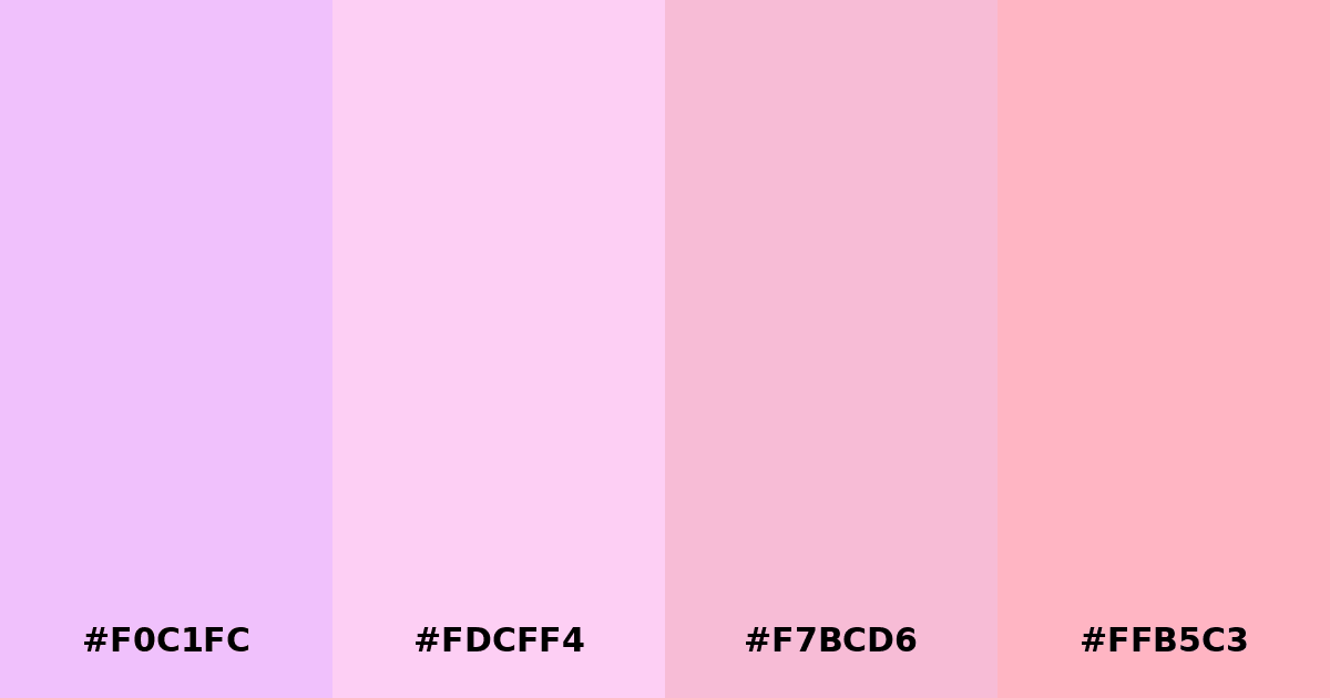 Color palette #F0C1FC #FDCFF4 #F7BCD6 #FFB5C3