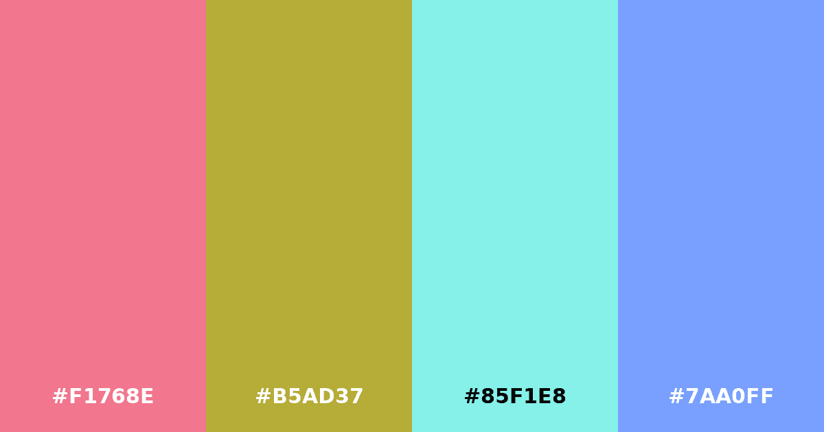 Color palette #F1768E #B5AD37 #85F1E8 #7AA0FF