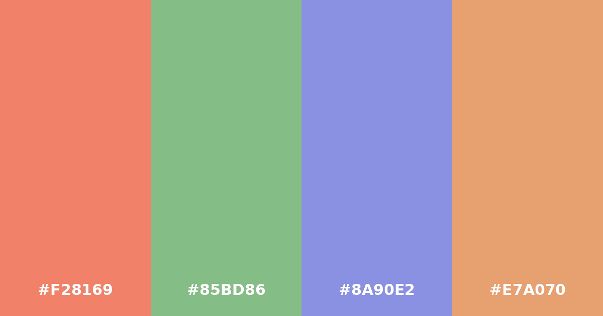 Color palette #F28169 #85BD86 #8A90E2 #E7A070