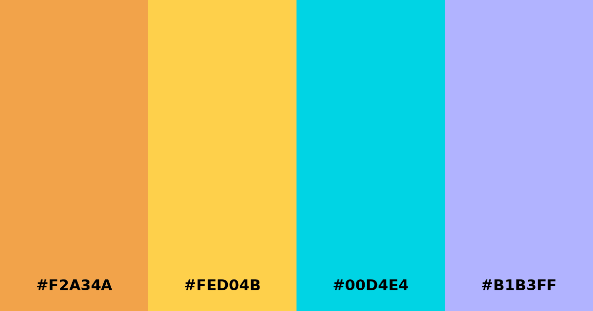 Color palette #F2A34A #FED04B #00D4E4 #B1B3FF