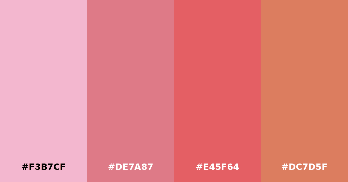 Color palette #F3B7CF #DE7A87 #E45F64 #DC7D5F