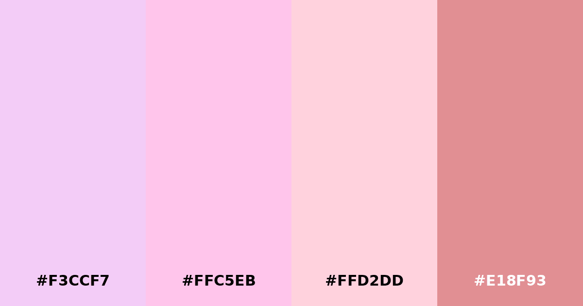 Color palette #F3CCF7 #FFC5EB #FFD2DD #E18F93