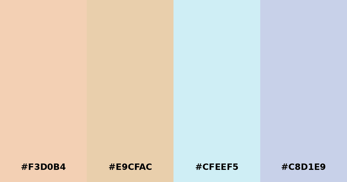 Color palette #F3D0B4 #E9CFAC #CFEEF5 #C8D1E9