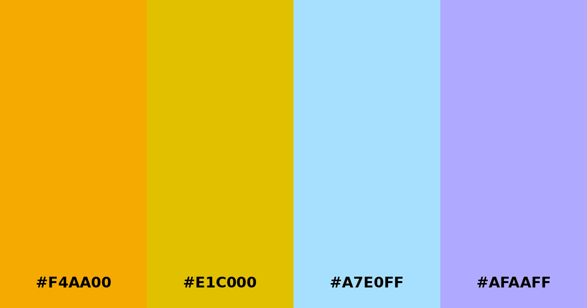 Color palette #F4AA00 #E1C000 #A7E0FF #AFAAFF