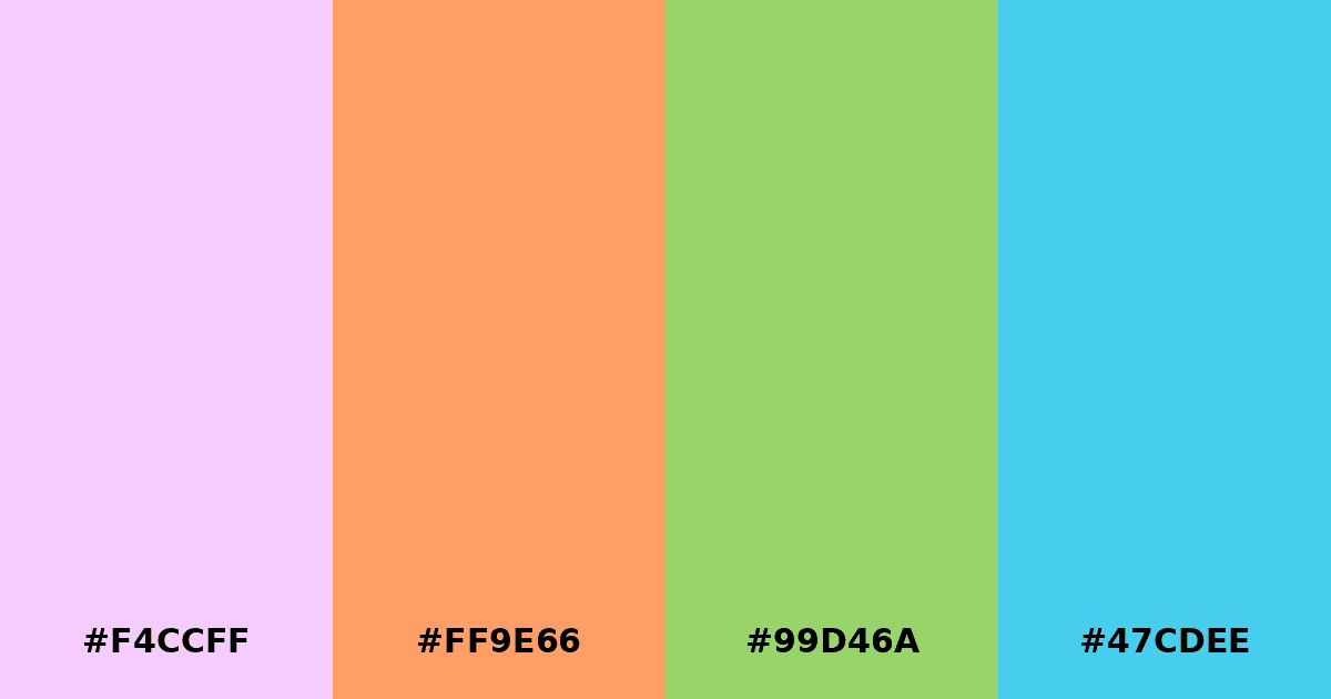 Color palette #F4CCFF #FF9E66 #99D46A #47CDEE