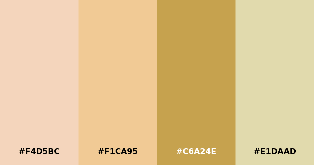 Color palette #F4D5BC #F1CA95 #C6A24E #E1DAAD